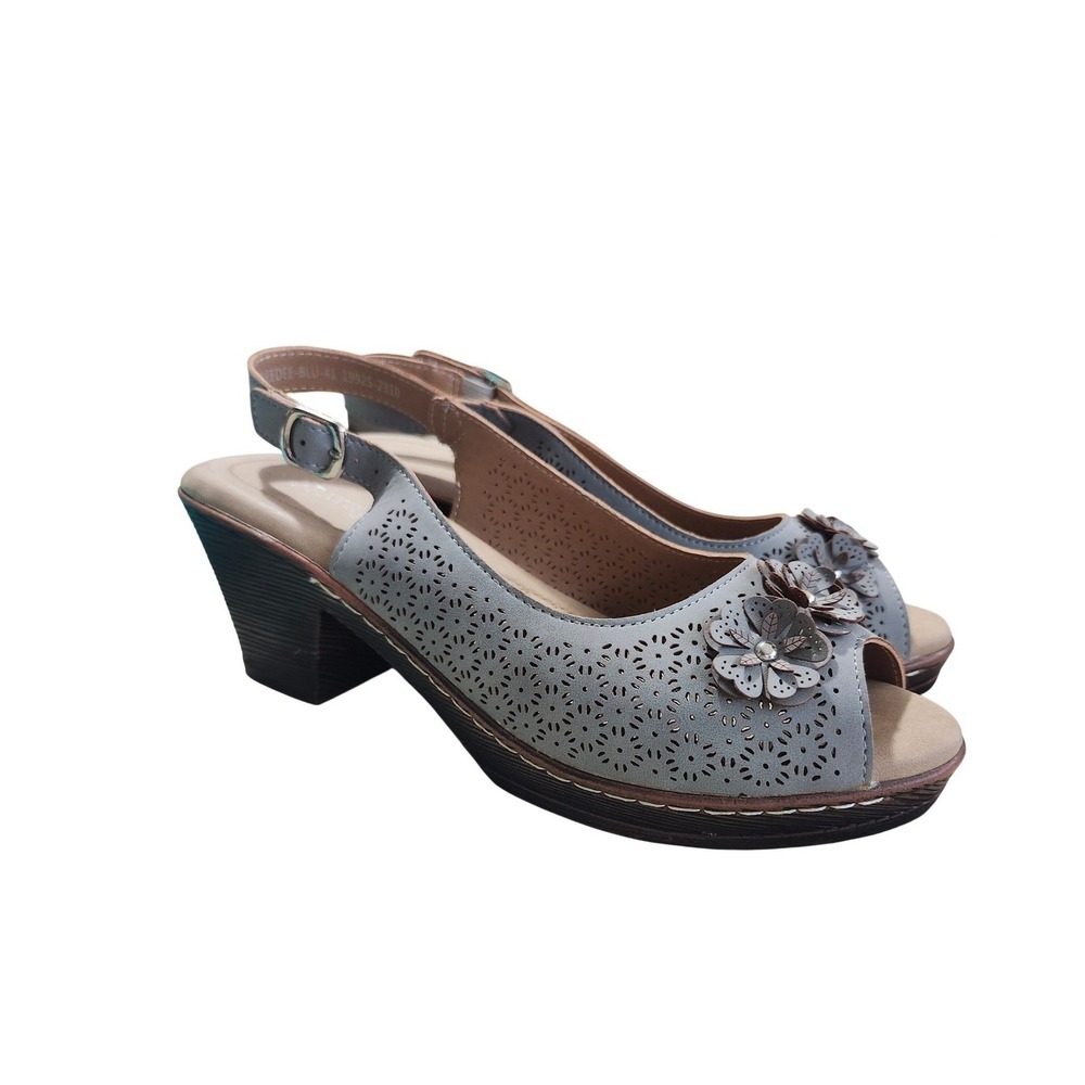 Patrizia Doriday EU 41 US 10 Slingback Sandals Blue Buckle Laser Cut Floral Boho